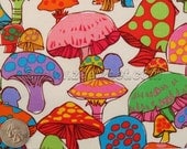 RARE COLORFUL MUSHROOMS White Quilt Fabric - by the Yard - Retro Style 60s 70s Design - New Fabric (Not vintage)