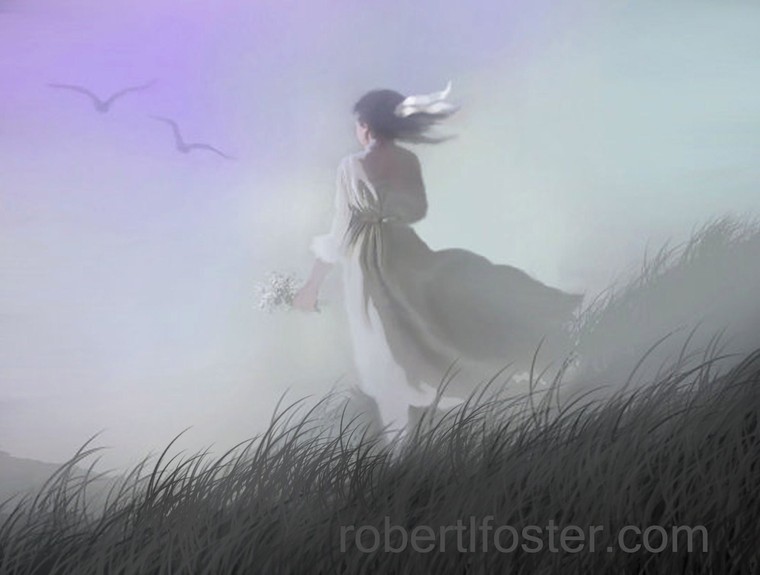 lady art-girl art-print-Misty Encounter-gulls-teen art-meeting painting