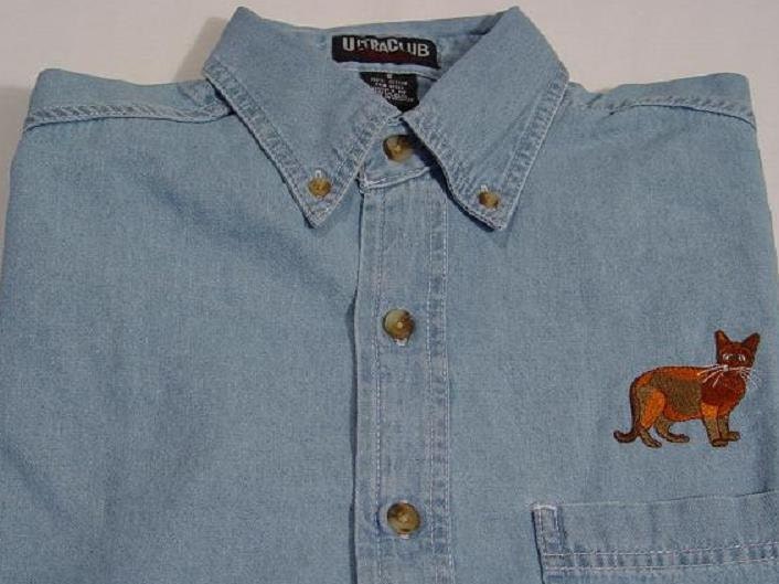 SALE - BURMESE Cat Embroidered Large L/S Light Blue Denim Shirt - Price Embroidery Apparel