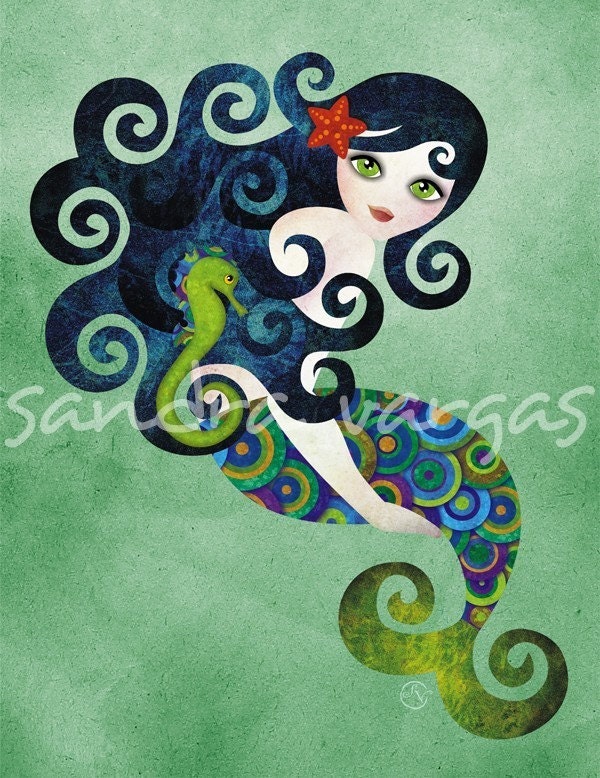 Aquamarine Mermaid Water Nymph, 8 x 10 Print