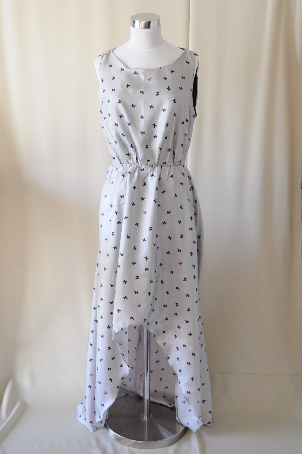 Butterfly Silver Satin Asymmetric Evening Gown - Maxi Dress - Dipped Hem