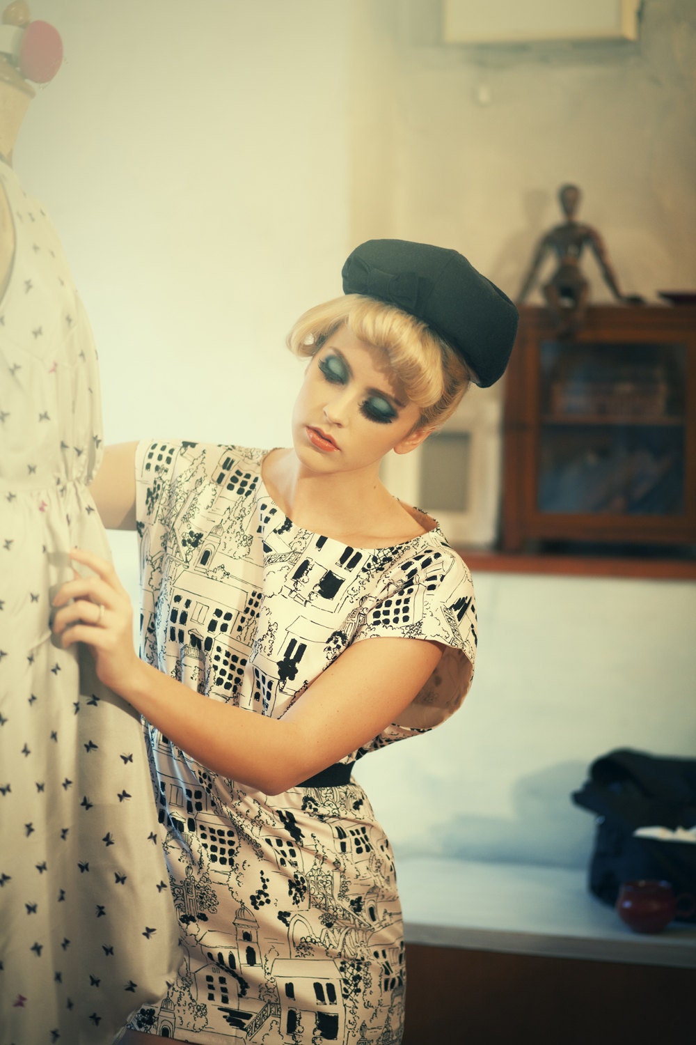 Around Town Novelty Print Waist Elastic Mini Dress