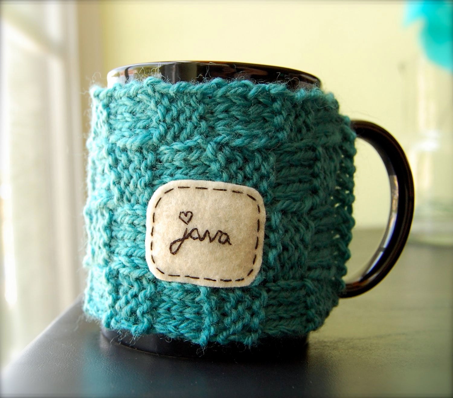 Java Love Mug Cozy Knitted Teal Coffee Cup Cosy