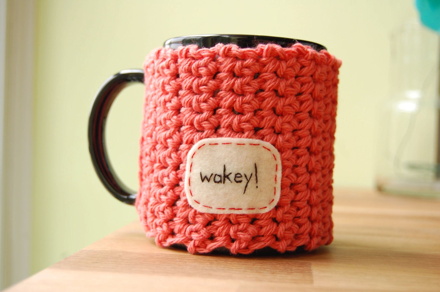 Wakey Coffee Mug Cozy Tangerine Crocheted Tea Cup Cosy Made to Order