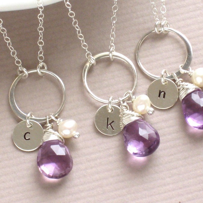 Bridesmaid Gift, Set of 3 Purple Amethyst, Sterling silver, & Initial Necklaces, Letter, Gemstone, Pearl, Eternity Circle