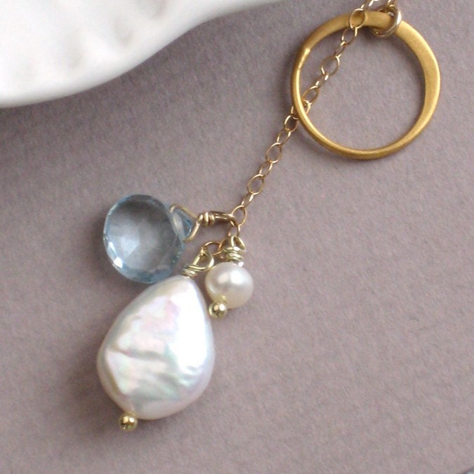 Whisper Lariat - Gold Vermeil Circle with Coin Pearl, Blue Topaz Briolette and Freshwater Pearl in 14k Gold fill