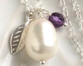 Pearl & Leaf Charm Necklace with Birthstone in Sterling Silver, Personalized, Custom Color, June Birthday, Bridesmaid gift