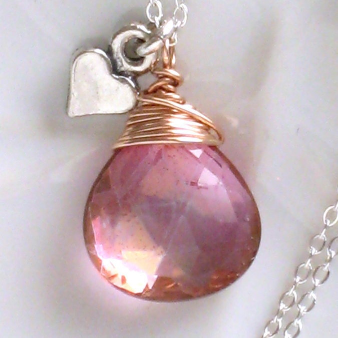 In Love Necklace - Pink Mystic Quartz wire wrapped in 14k Rose Gold Fill and Tiny Sterling Heart Charm