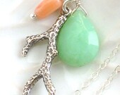 Coral Branch Necklace with Faceted Chrysophrase & Coral in Sterling Silver, Coral Jewelry, Beach Wedding, Island Style, Summer