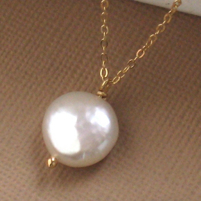 Coin Pearl Drop Necklace, Gold fill, Solitaire Pearl, Modern Jewelry, Bridesmaid gift, Wedding Party Favor