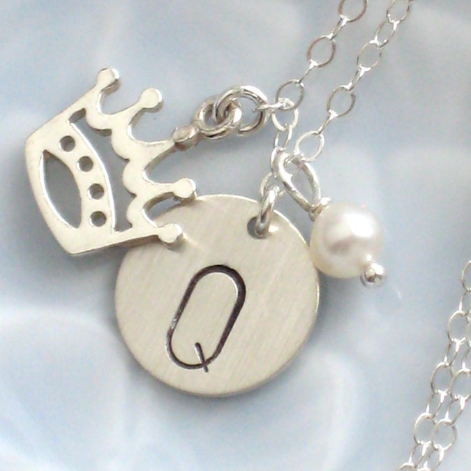 Queenie Necklace - Initial Tag, Crown Charm and Pearl in Sterling Silver Benefits Home At Last Dog Rescue - ShopSomethingBlue