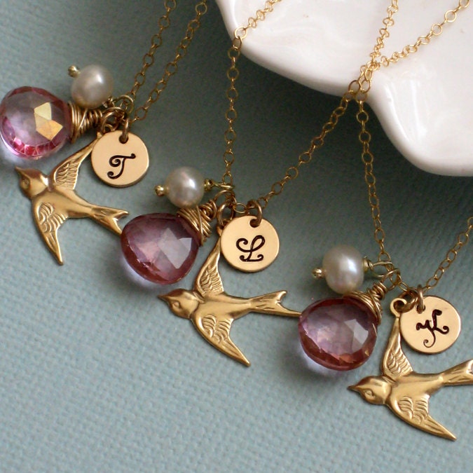 Set of 3 Bird Necklaces with Gemstone, & Letter, Swallow Charm, Pearl and Initial Tag, Personalized,14k Gold fill, Bridesmaid Gift