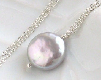 Pristine Necklace - Petite Coin Grey Pearl Drop on Sterling silver chain