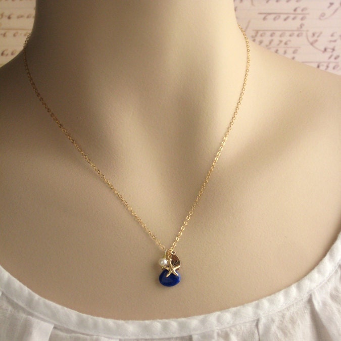 Starfish & Blue Lapis Necklace in Gold fill, Pearl drop and Initial Tag, Beach Jewelry, Beach Wedding, Lapis Lazuli, Personalized Necklace