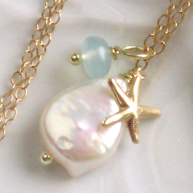Bridesmaid Jewelry Gift Set - 3 Beach Necklaces - White Coin Pearl, Chalcedony drop and Starfish Charm in 14k Gold fill