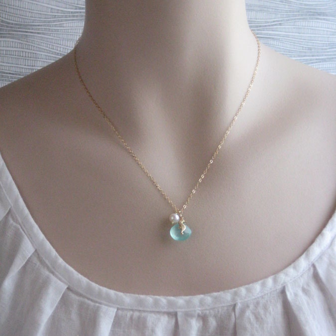 Bridesmaid Gift Set, 3 Starfish Necklaces, Chalcedony, Pearl, Sand Dollar, Starfish, Seahorse Charms, Gold fill, Beach wedding, Seashells