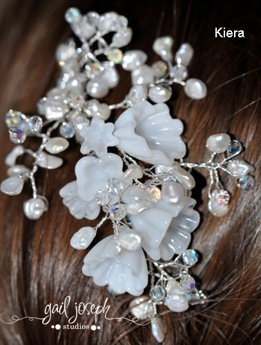 Freshwater Pearl and Lampwork Bellflower Bridal Headpiece/Comb