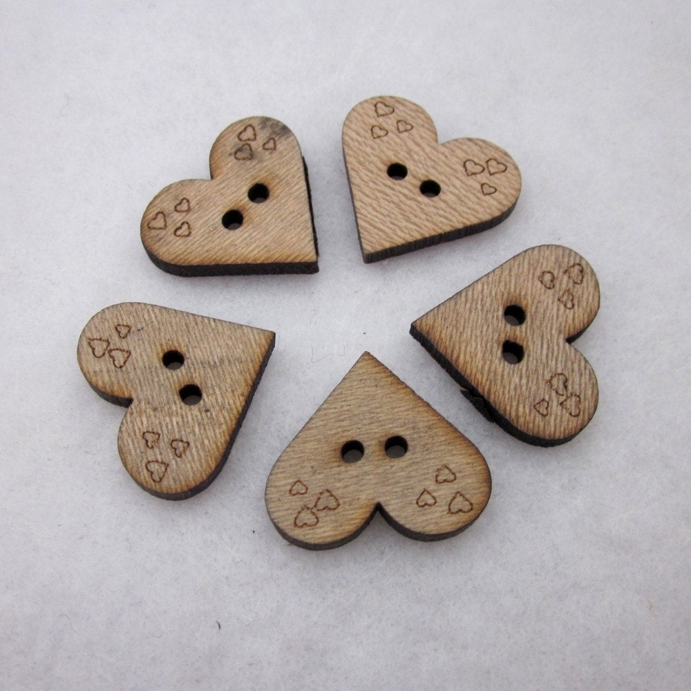 5 Heart Shaped Natural Wood Buttons