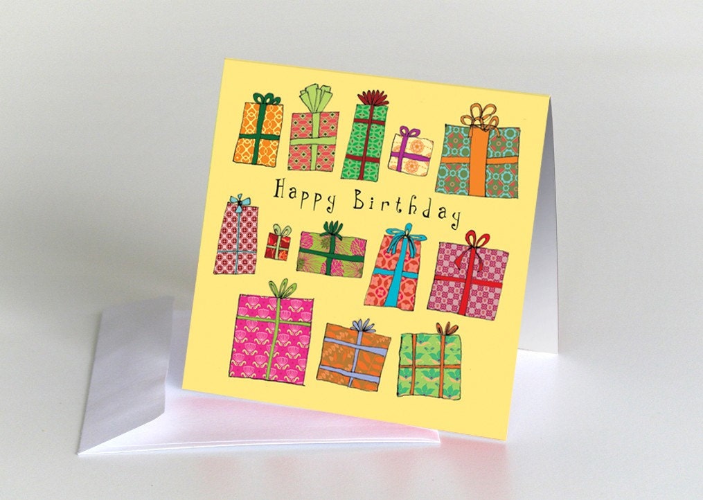 happy birthday greeting card, gifts, cute, yellow, cheerful, colorful, birthday wishes