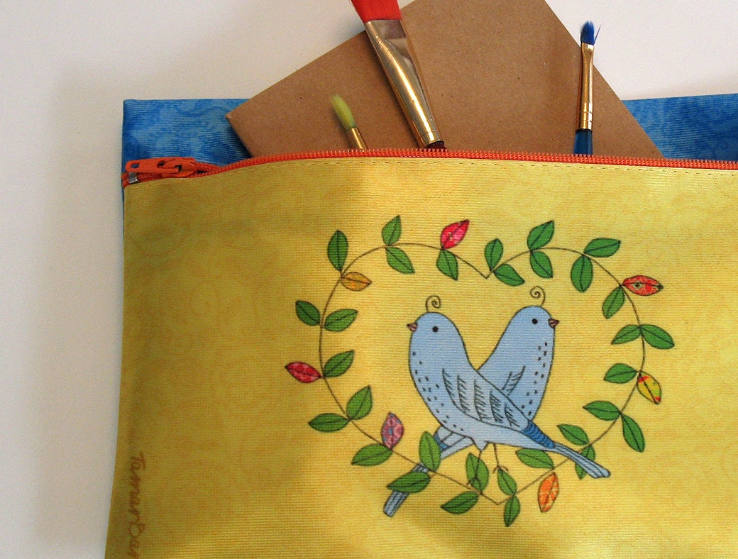 zipper pouch, clutch, purse, blue, cute, pencil case, illustration, leafs, love, love birds, birds, yellow, orange, heart,
