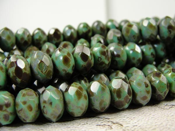 Turquoise Green Picasso FP Czech glass 9x6mm Donut Rondelles 10