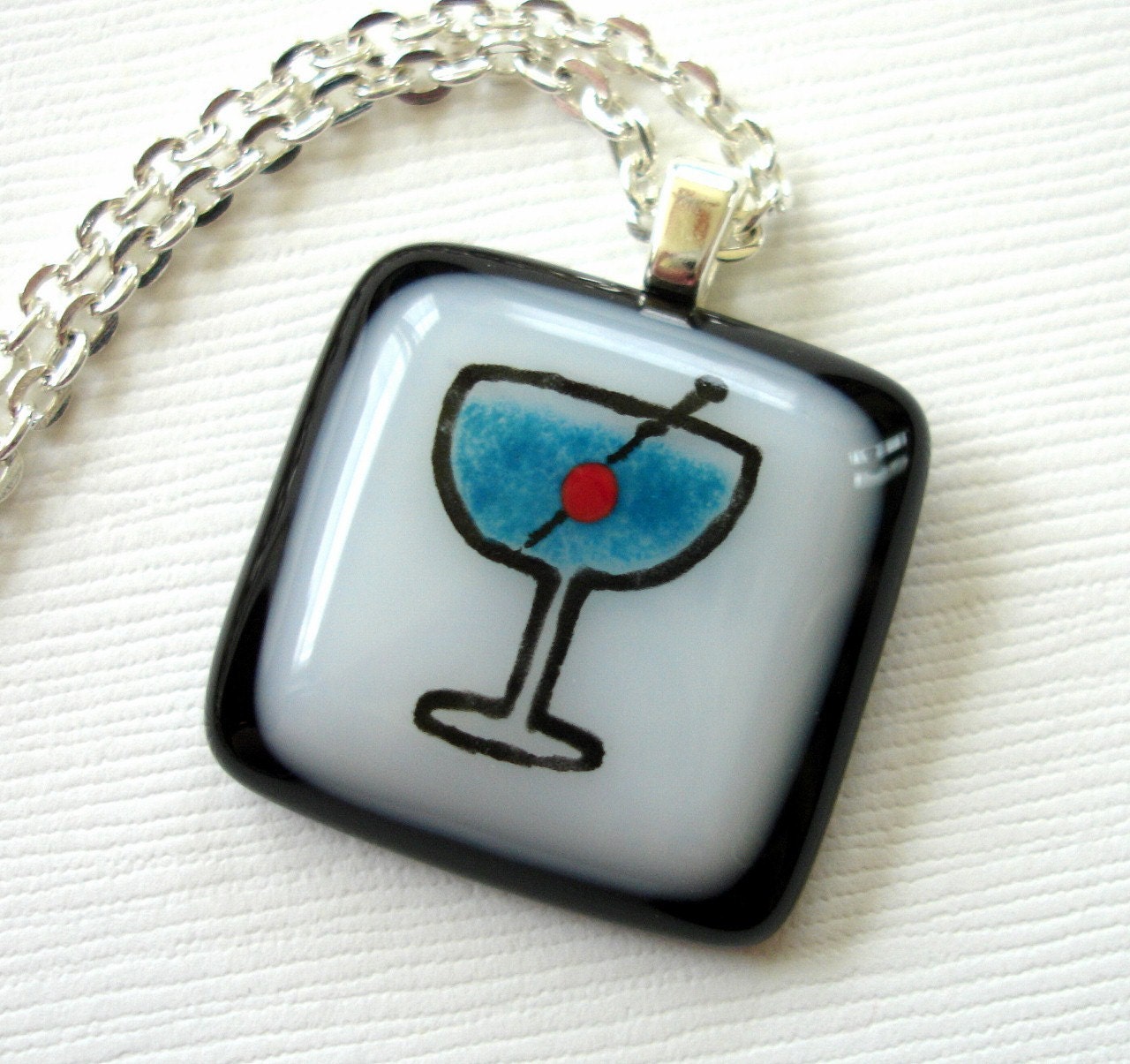 Blue Hawaiian Cocktail Fused Glass Pendant Necklace