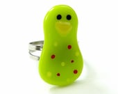 Lime Green Polka Dot Bird Fused Glass Ring