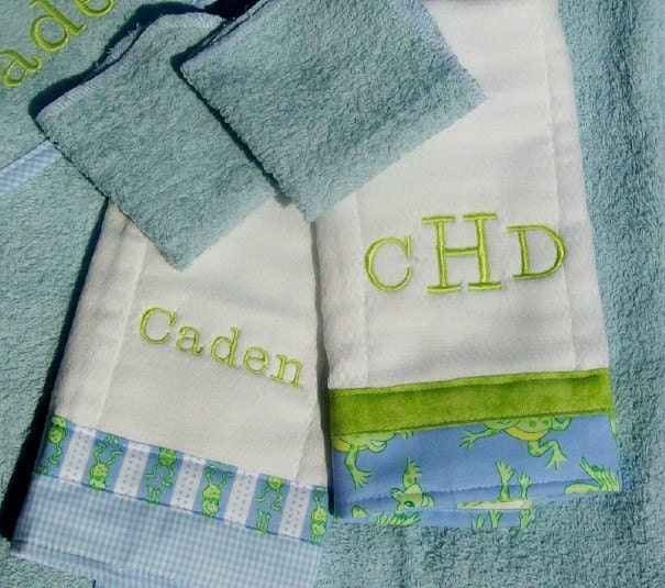 Baby Boy Gift Set Blue and Green with Frogs Custom Five pcs Hooded Towel Washcloths Burp Cloths Embroidered Names Included - DownHomeDesigns