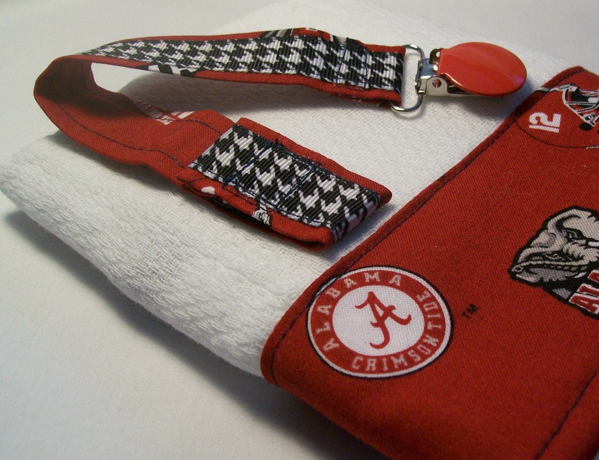 Burp Cloth Alabama Football Print with Matching Pacifier Clip Trimmed in Houndstooth for Boy or Girl Monogram on Burp Cloth Only