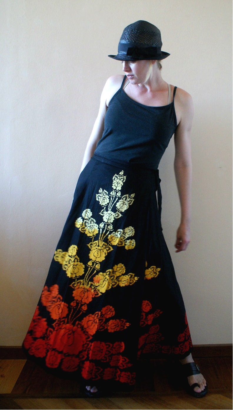 Batik Sunset Ombre and Black Wrap Maxi Skirt