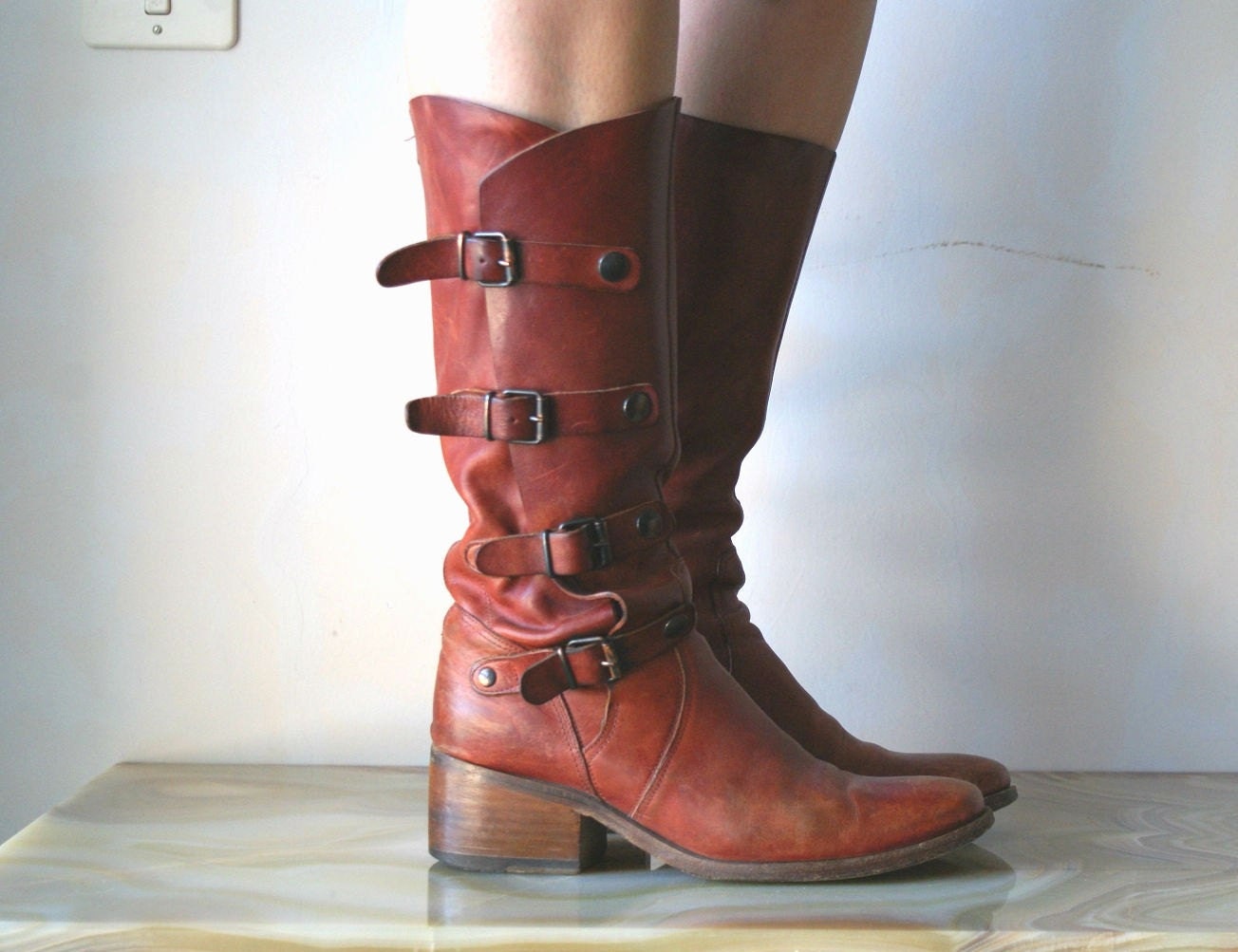 70's Italian Rusty Brown Leather Buckle Boots 7.5/8