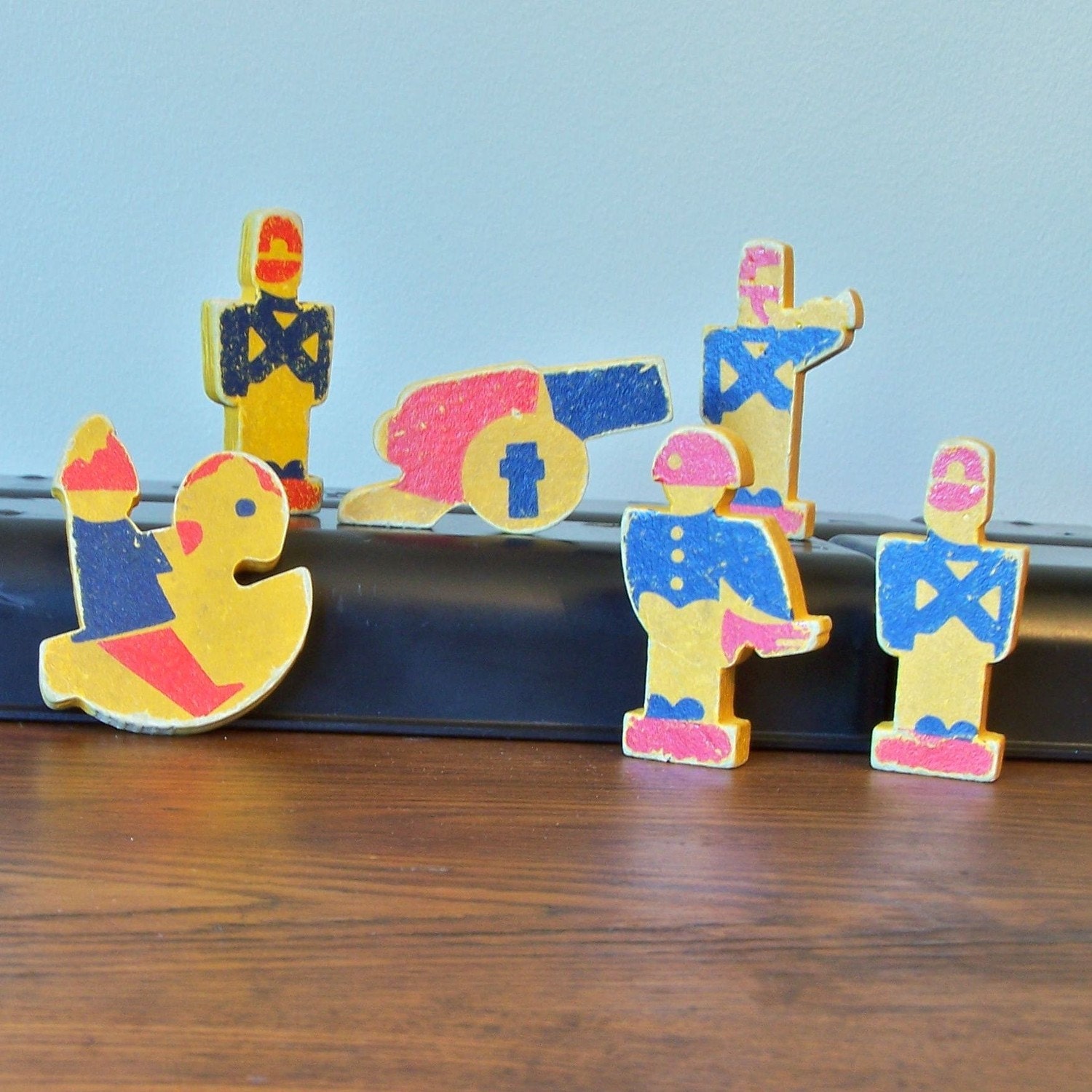 Vintage wood Wooden soldier blocks figurine - military toy blue red yellow
