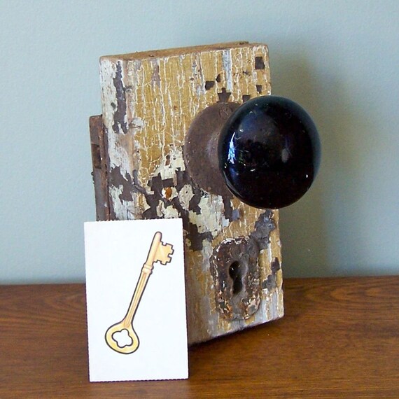 Vintage skeleton key lock set with two knobs one black, one brown