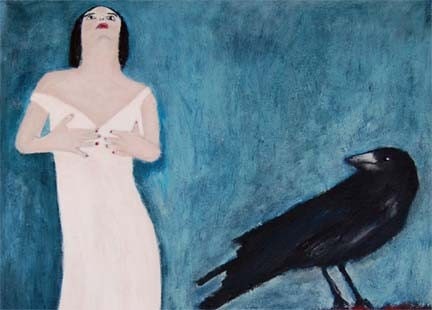 8x10 Matte Print Be Still My Heart - woman in white gown, black crow, bird