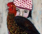Original Acrylic Portrait 9x12 Painting Girl, chicken, pink polka dots, hat She Won't Let Go wrapped canvas