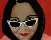 Acrylic Portrait Painting of pretty woman 9x12 Original Art Orange Pink White Sunglasses
