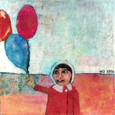 4x4 Print on Chipboard Beeswax, Mixed Media, Whimsical, 3 Balloons, Mini Art