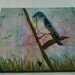 Acrylic Blue Song Bird Painting - Original, Mixed Media, Whimsical, Spring 6x6 animal, wildlife, grass, flower stem
