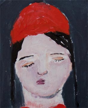 Small Original Painting - Sweet girl with orange red hat and sweater eyes closed Amelie 4x6 mixed media whimsical art canvas board