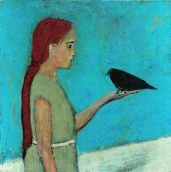 Be Still, Child - print on chipboard - little girl holding black bird in her hand