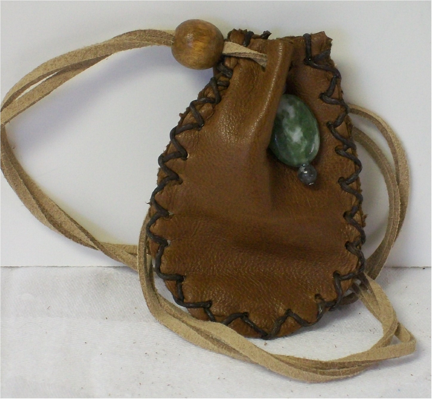 Handmade Leather Medicine, Sage Bag, Pouch, Green Moss Agate Gemstone Charm, Metaphysical