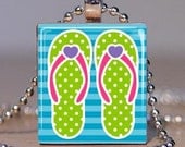 Scrabble Pendant - FLIP FLOPS (Green Polka Dots On Blue Stripes)