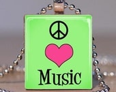 Scrabble Pendant - PEACE, LOVE, MUSIC (Green)