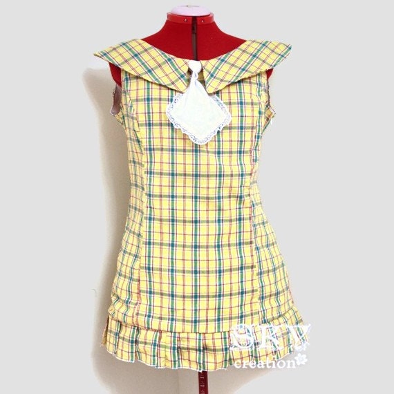 Yellow Tartan Dress with Boat Neck, Tie and Collar M