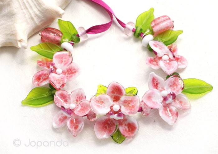 Orchid Phalaenopis Magenta Lampwork Beads by Jopanda (SRA)
