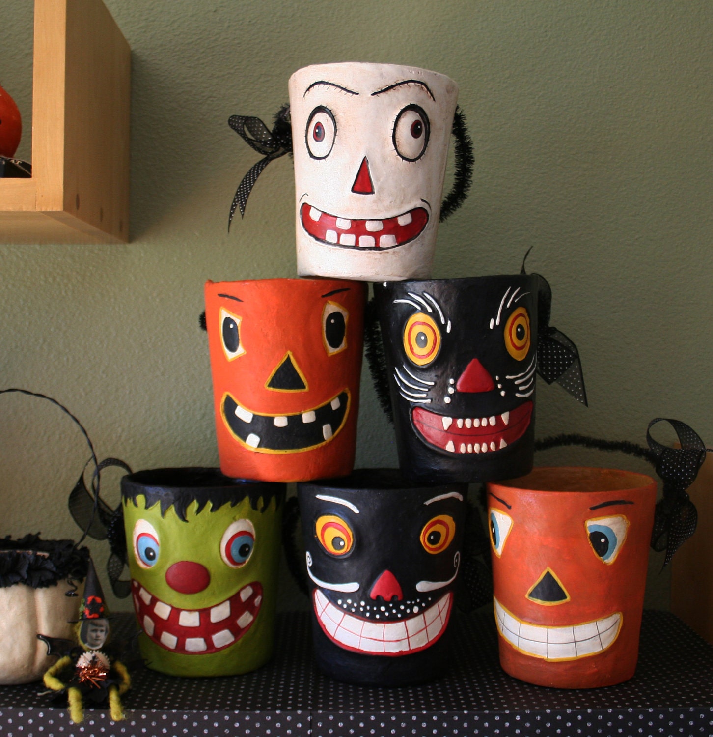 6 vintage style halloween paper mache containers...the complete collection