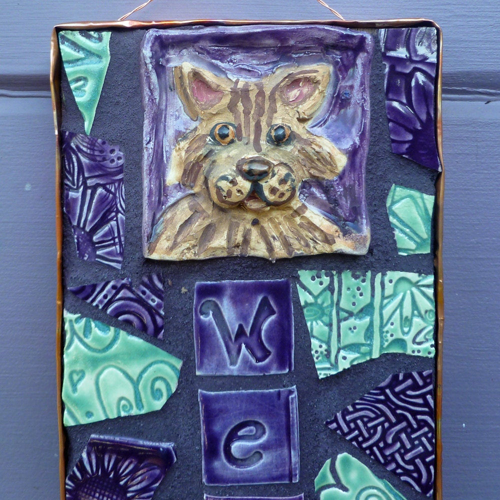 Mosaic Tabby Cat Welcome Sign Purple and Green