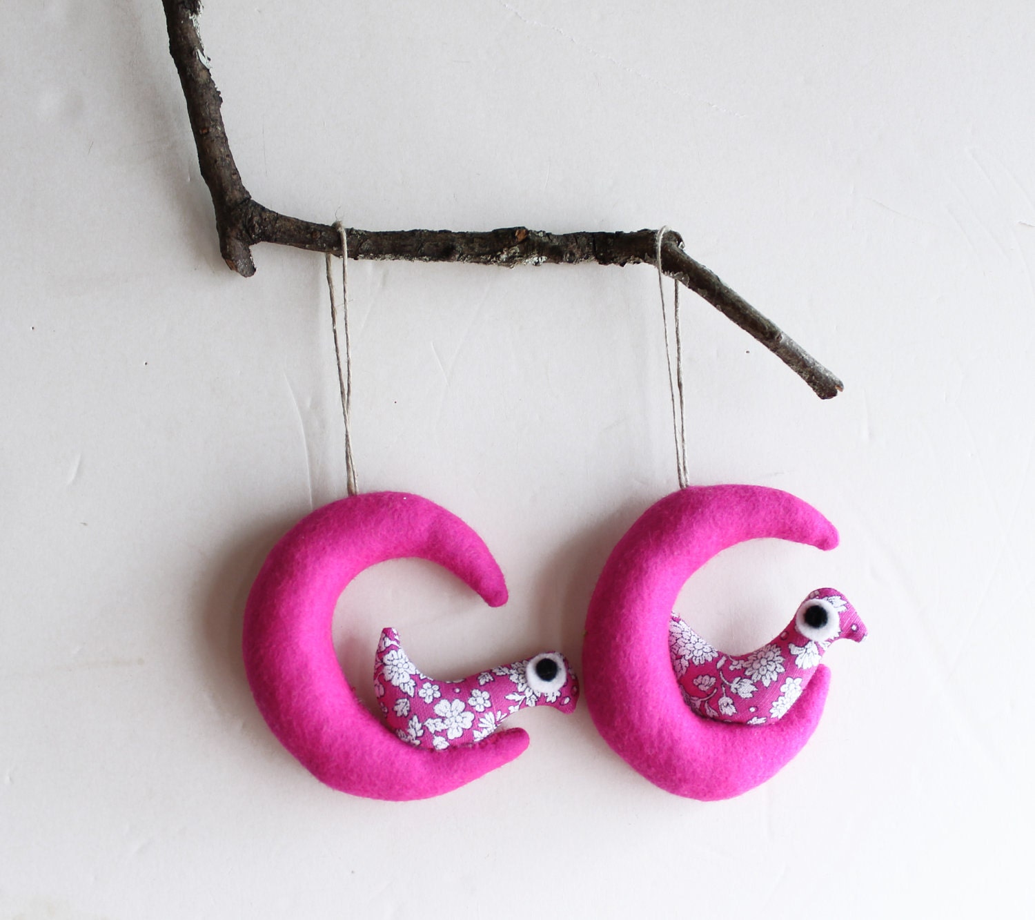 Pink fuchsia moon with bird. Felt Decoration wall hanging.