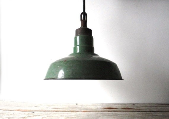 Industrial Hanging Light. Green Porcelain Shade. Works Great