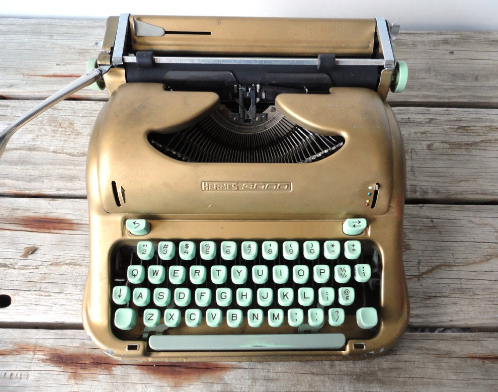 Script / Cursive Keys - Swiss Portable Gold Vintage Hermes 3000 Typewriter - Works Beautifully